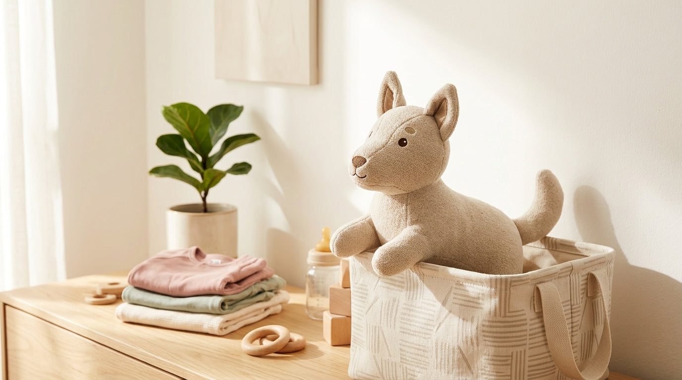 A camping tent in the woods with scattered baby gear and a wooden play gym