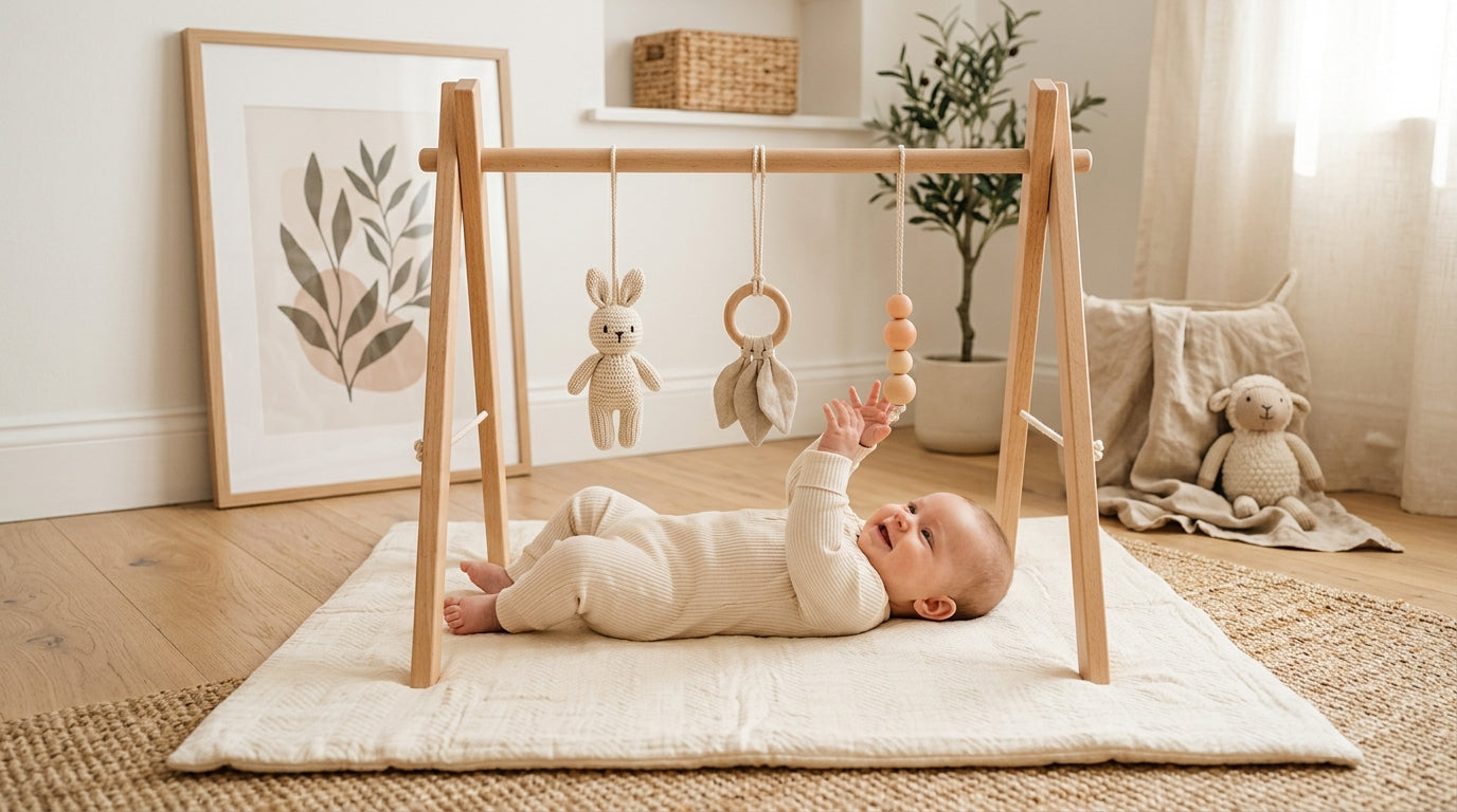 A minimalist wooden baby play gym set up on a soft living room rug.