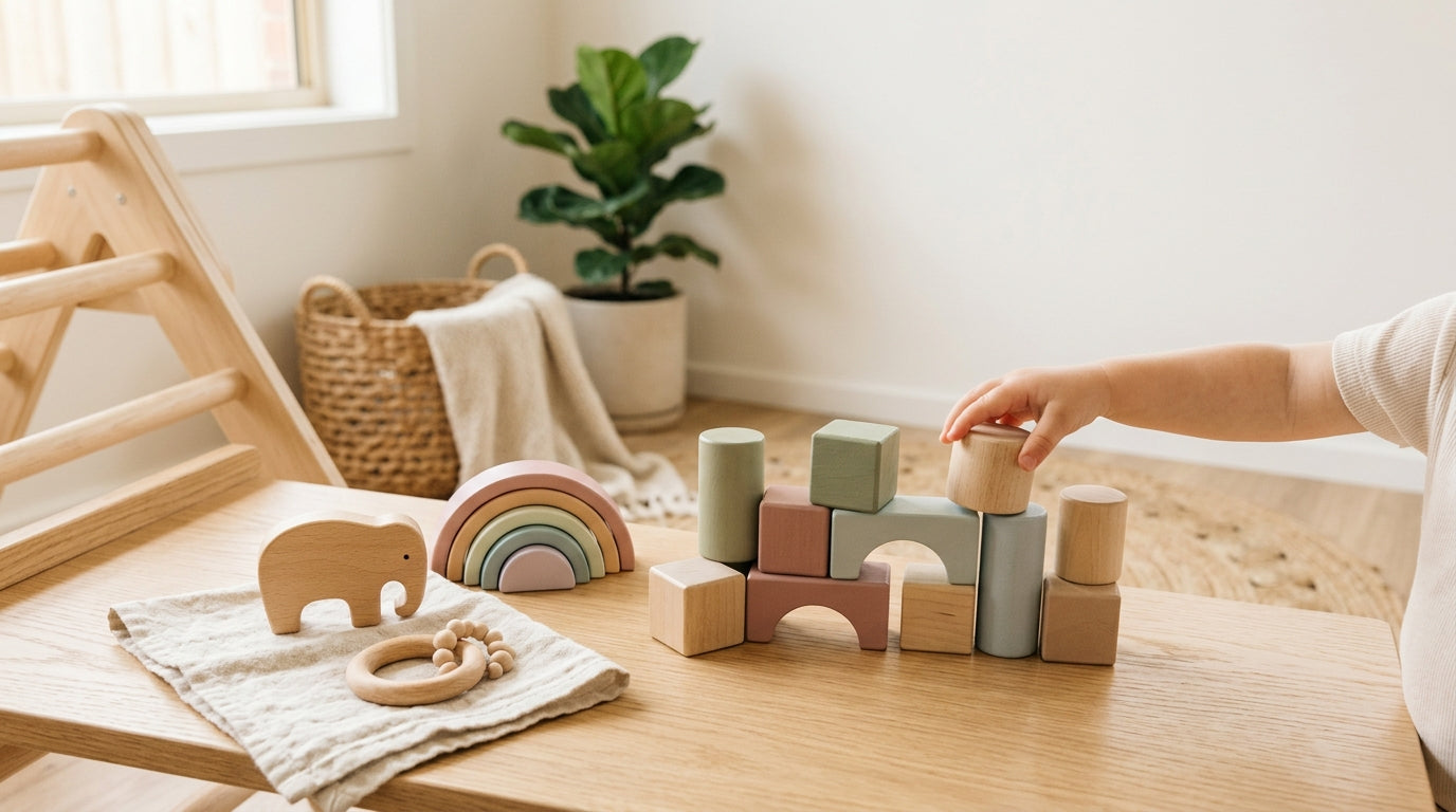 Simple wooden spielbogen holz set up in a messy living room over a quilted baby mat