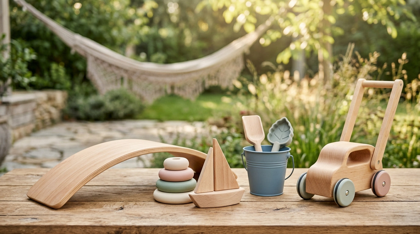 A muddy toddler wearing yellow rain boots standing in a puddle next to a wooden toy.
