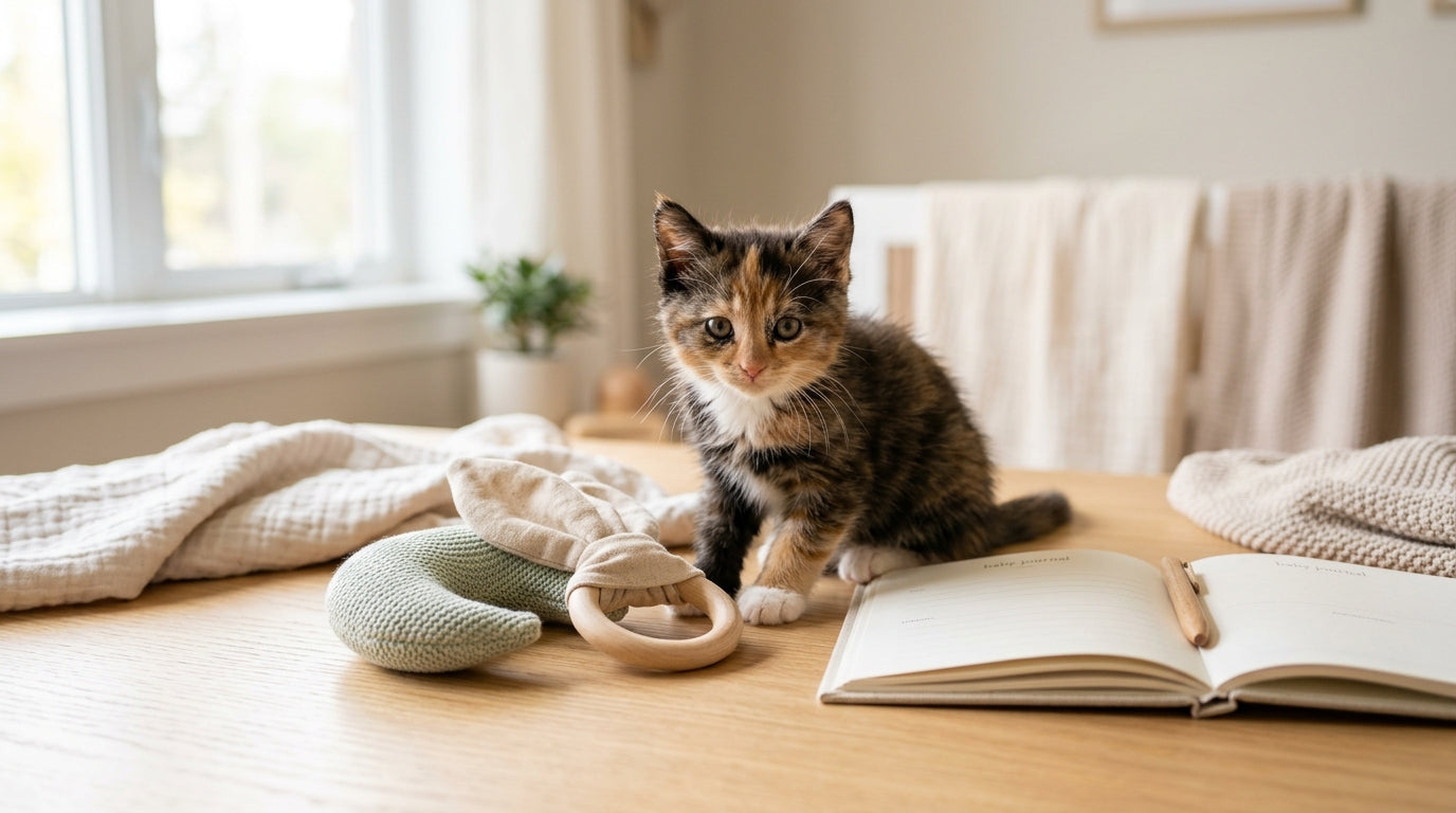A teething toddler and a kitten on a rug with wooden toys