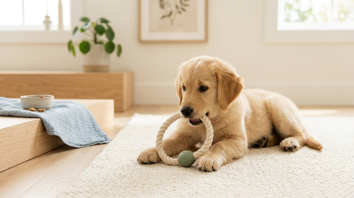 A tired mom holding a teething baby and looking at a chewing puppy