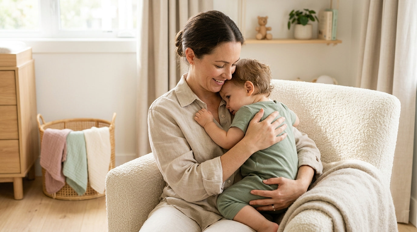 A tired mom holding a clingy baby on her hip while trying to do household chores