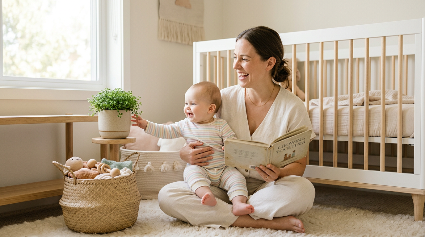 Messy living room with a glowing fish tank, cold coffee cup, and baby toys scattered on the floor.