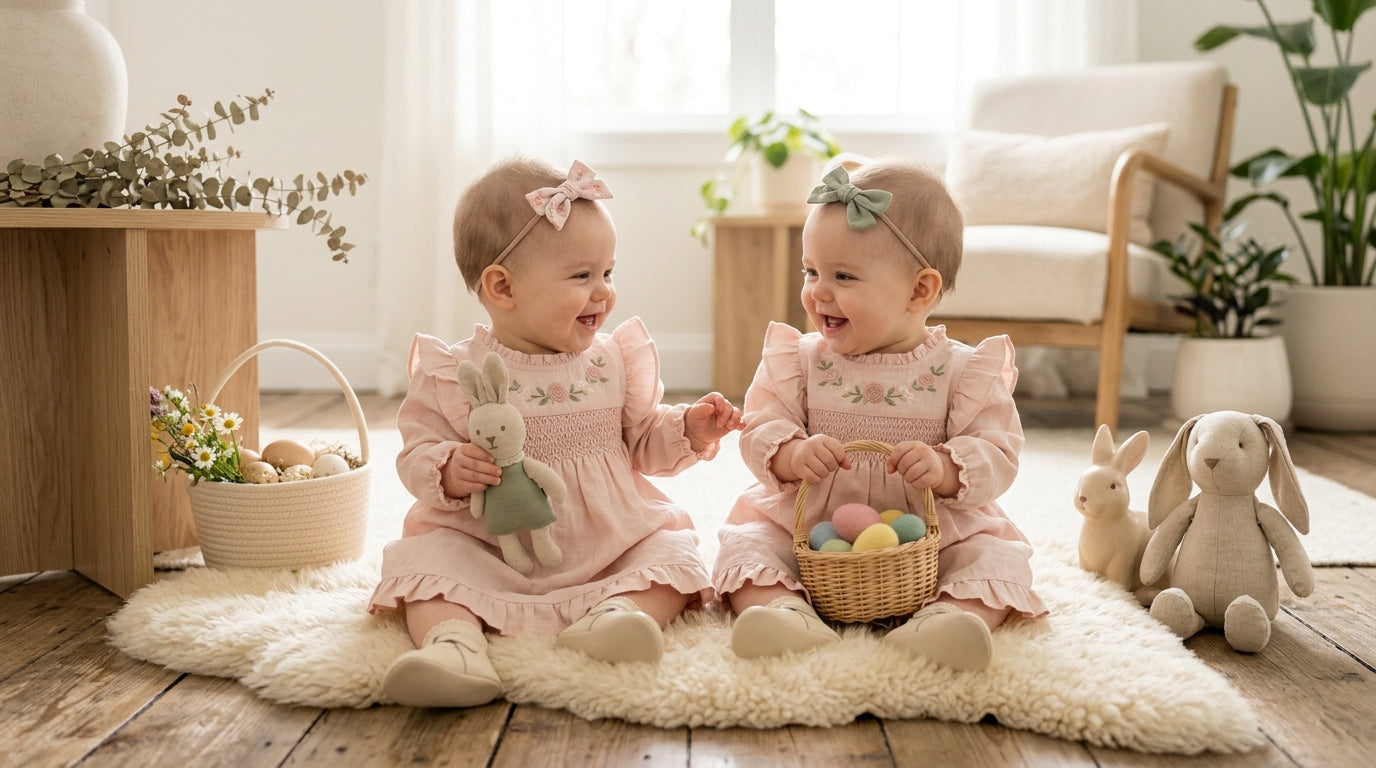 Twin baby girls wearing comfortable organic spring easter outfits