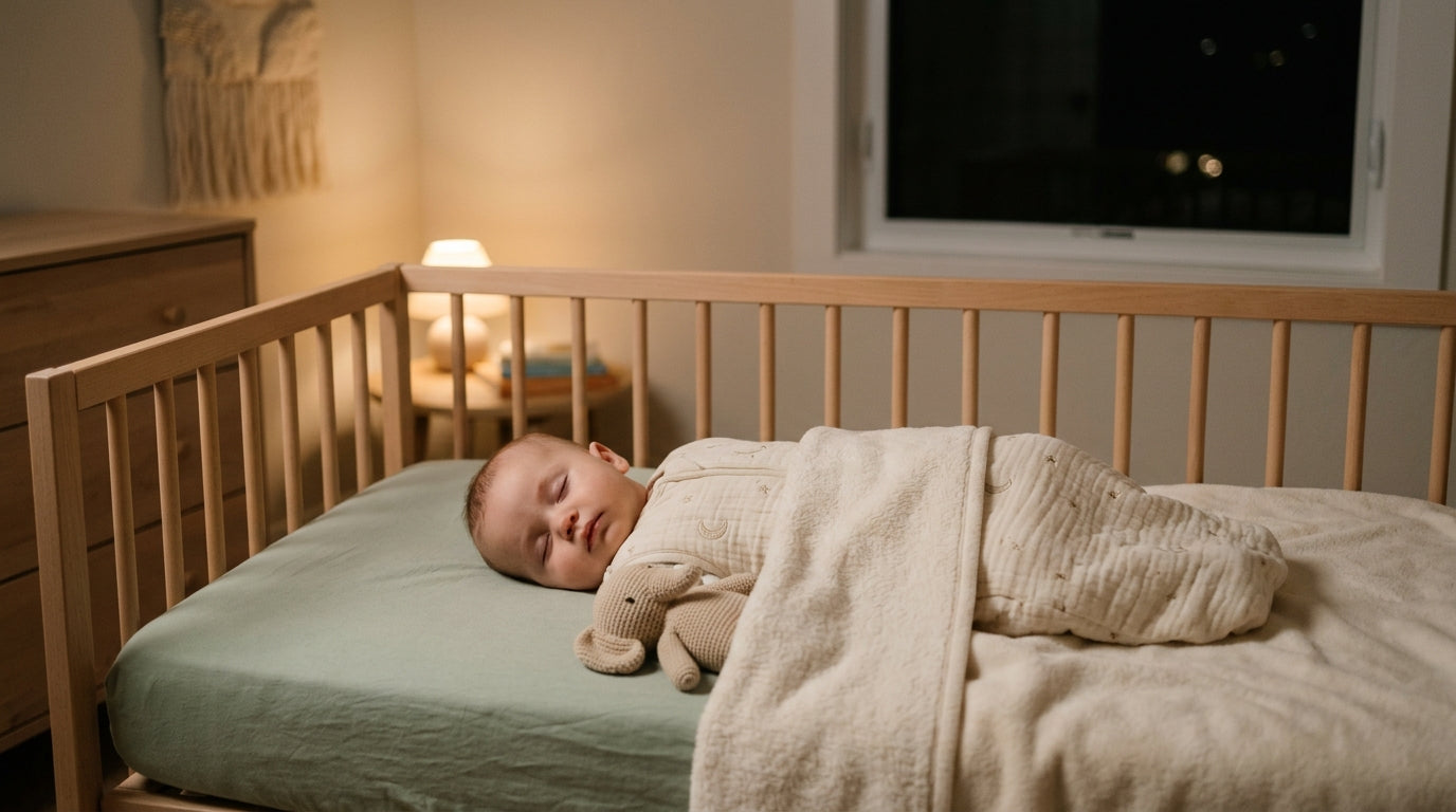 Tom Selleck holding an infant next to modern safe sleep cot guidelines