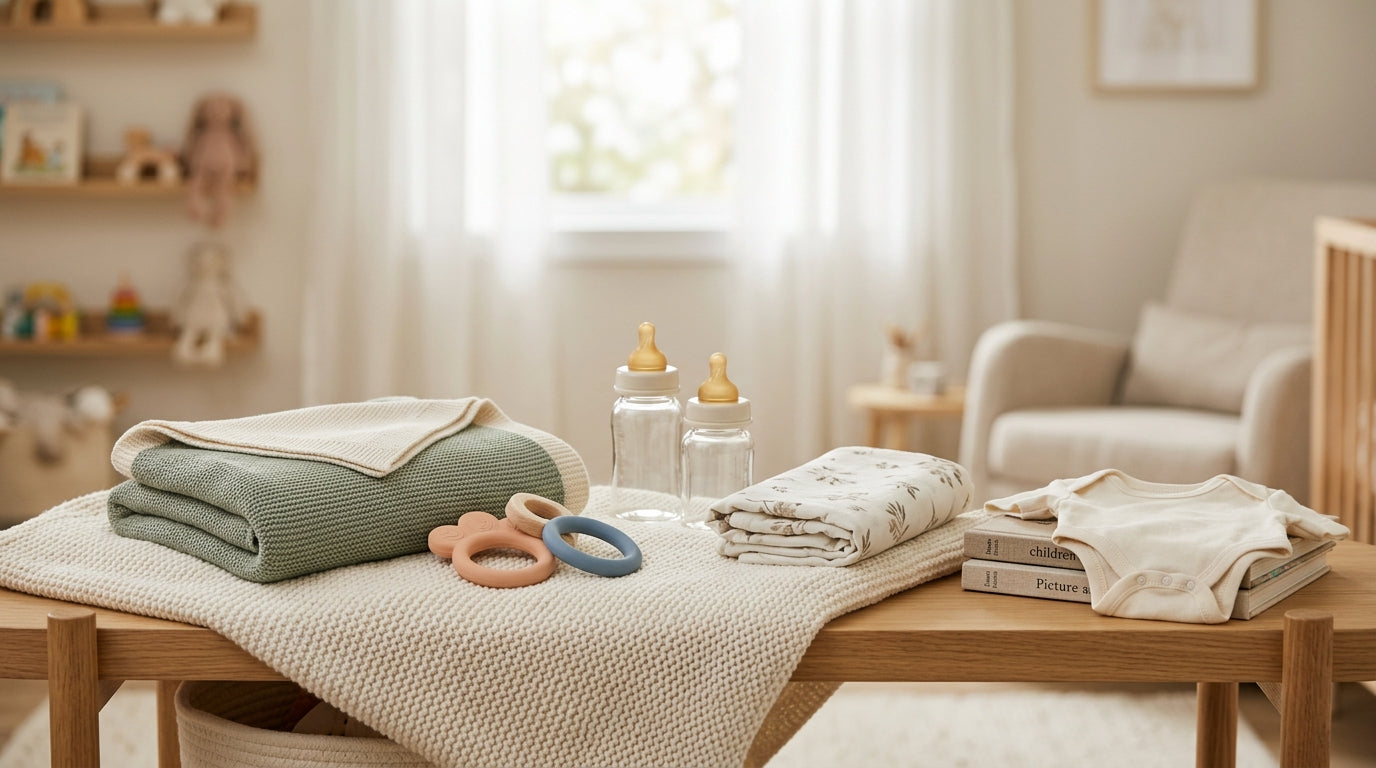 Jess sitting on her Texas porch folding baby clothes while reading news on her phone.
