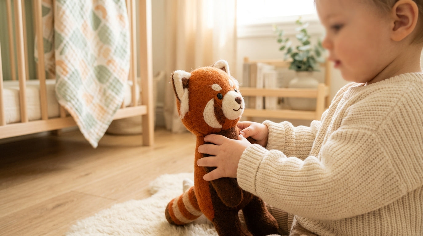 Red panda eating bamboo on branch next to a sleepy human infant