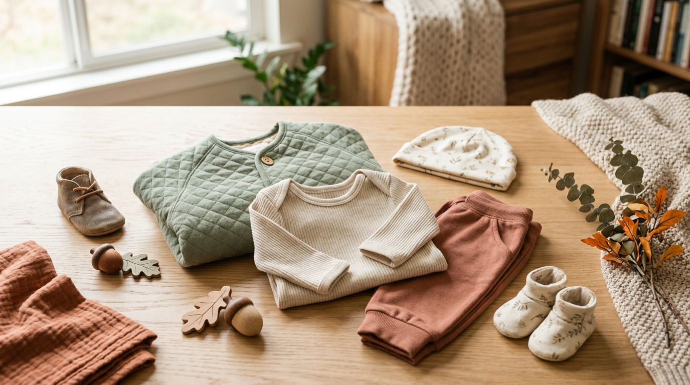 A bewildered dad holding a baby dressed in multiple mismatched autumn layers