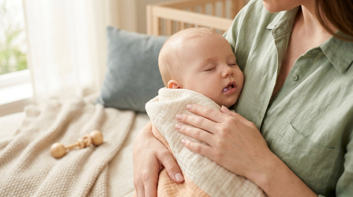 Close up of an 11-month-old baby girl chewing on a silicone panda teether to soothe a swollen eruption cyst on her gums.