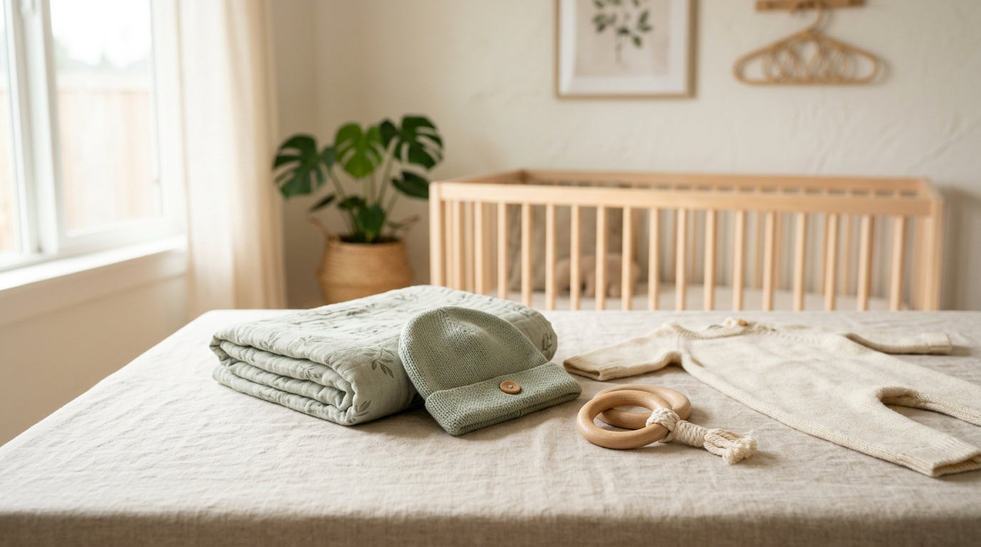 A bewildered father holding a mountain of unnecessary baby items while his twins look on.