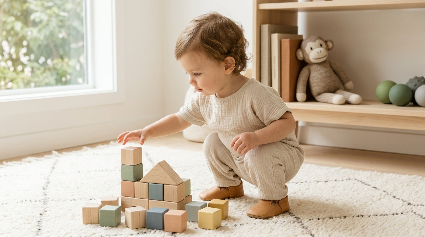Mother holding a squirming infant who is chewing on a wooden teether