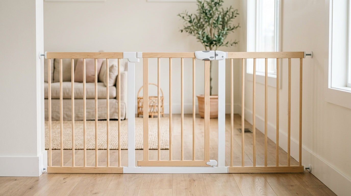 Extra wide metal baby gate installed across a modern open concept living room