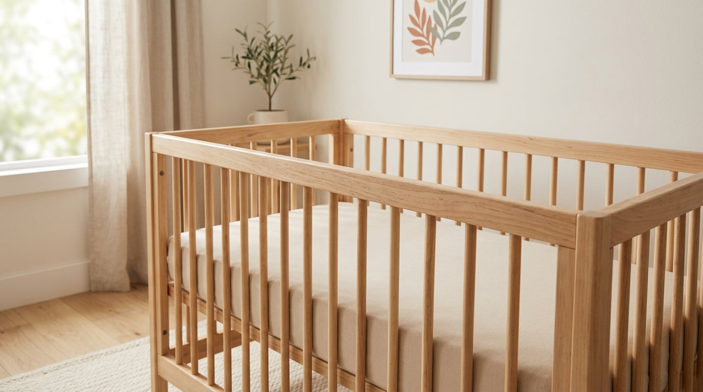 Exhausted mom holding a crying baby in a beautifully decorated but unrealistic fluffy nursery setup.