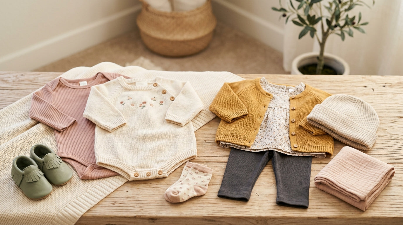 Baby girl in a mustard organic cotton long-sleeve bodysuit crawling on a playmat during fall.