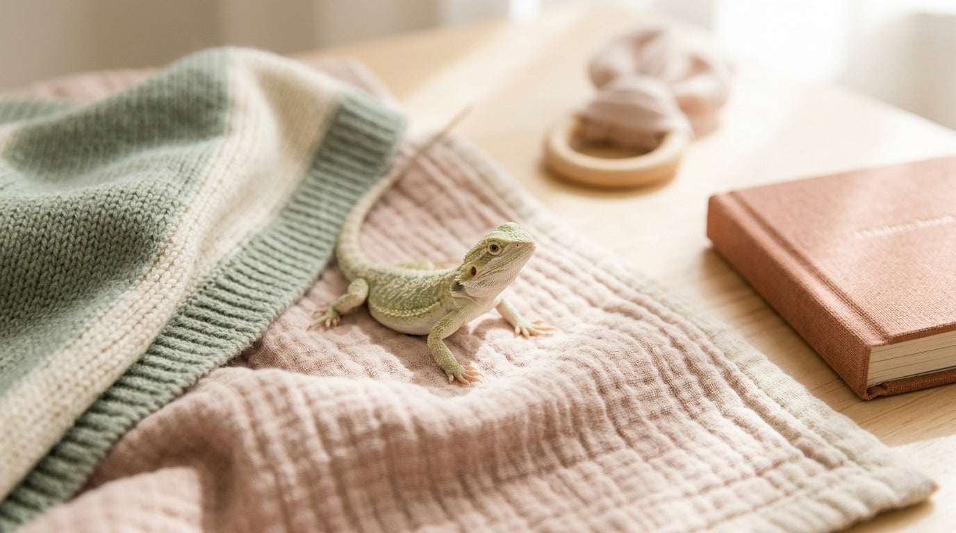 A mother looking stressed while her child points at a terrarium