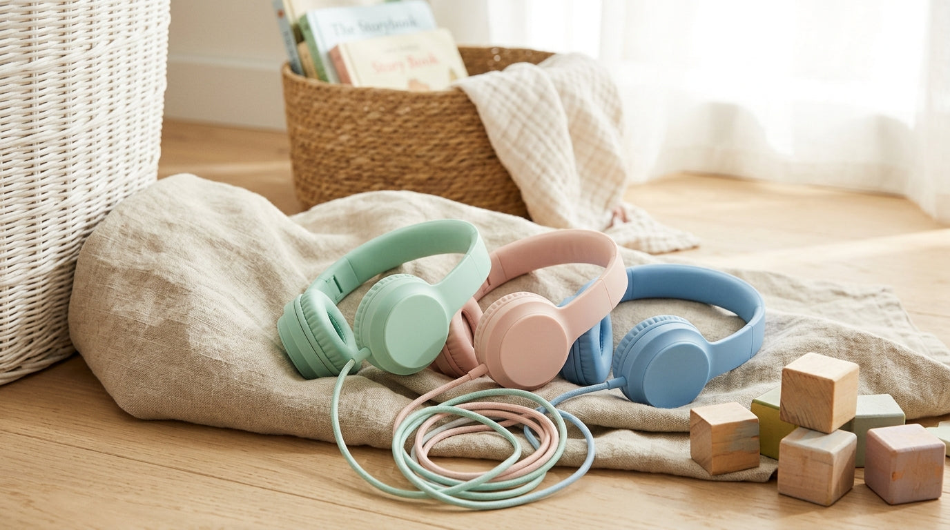 Baby dancing and playing on a wooden mat while listening to upbeat music