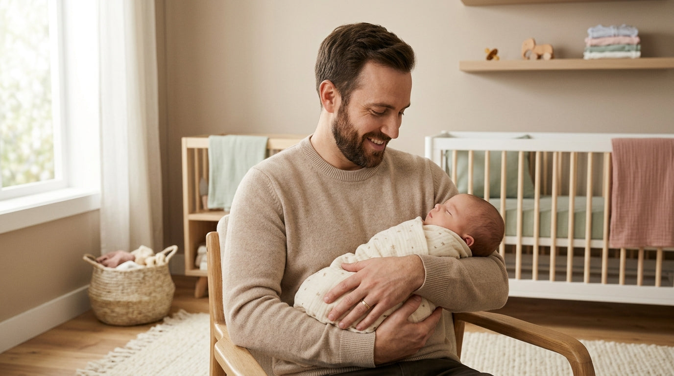 A tired dad looking at a laptop while holding an 11-month-old baby in a dimly lit nursery