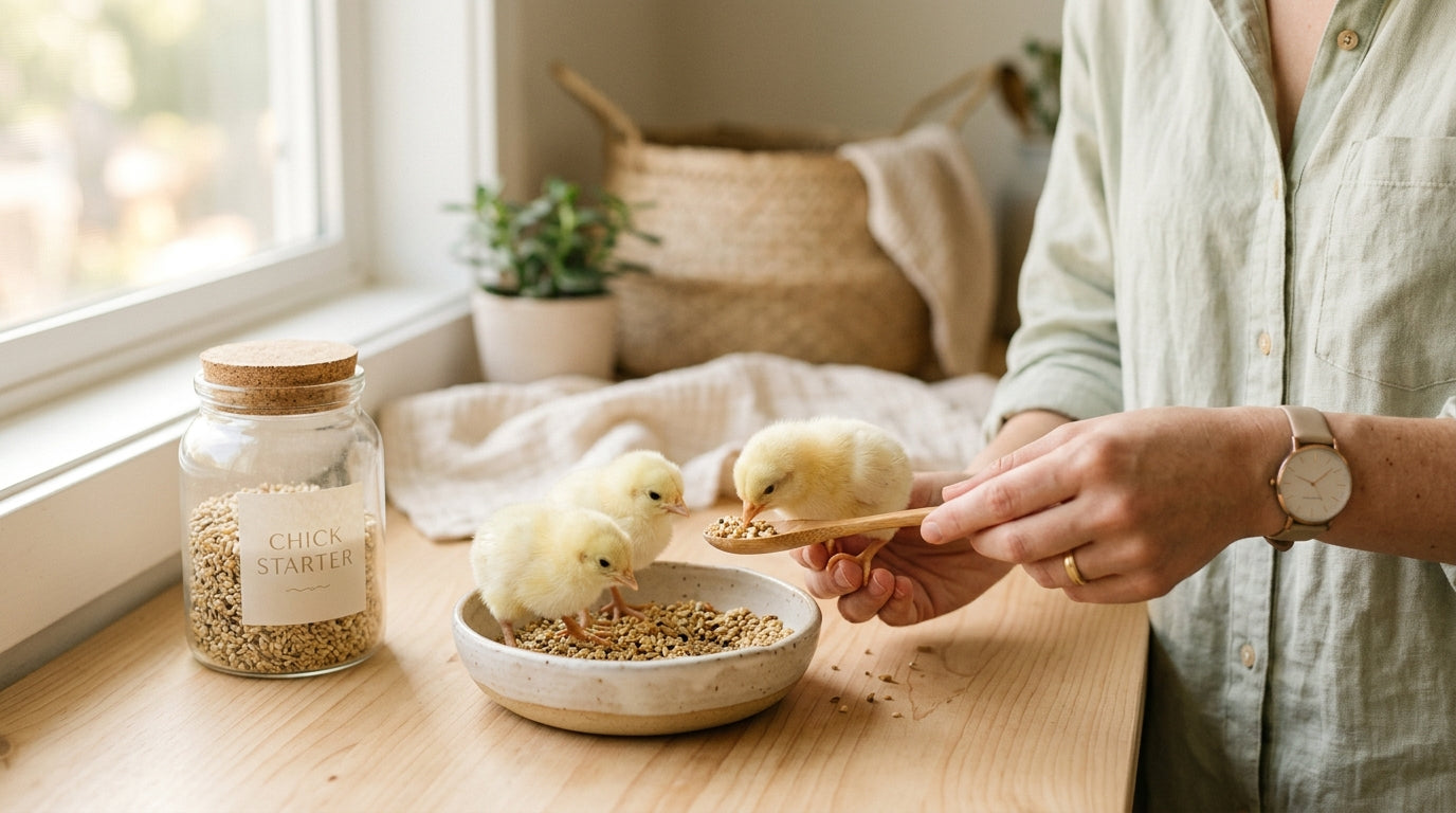 Tom's twin girls looking at a baby chick eating starter feed from a cardboard egg carton.