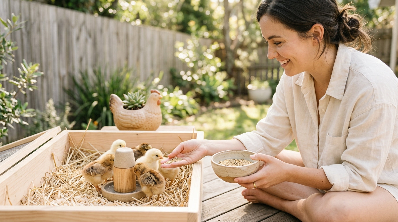 A cardboard box with a heat lamp and yellow baby chicks inside.