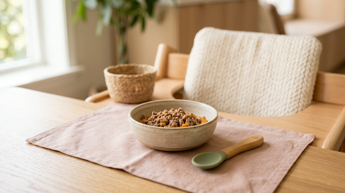 A mother serving soft slow-cooked lamb to her baby in a high chair