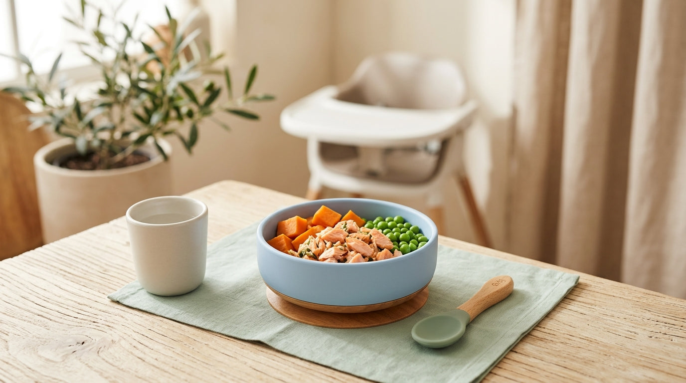 A six month old baby in a high chair completely covered in mashed cooked salmon