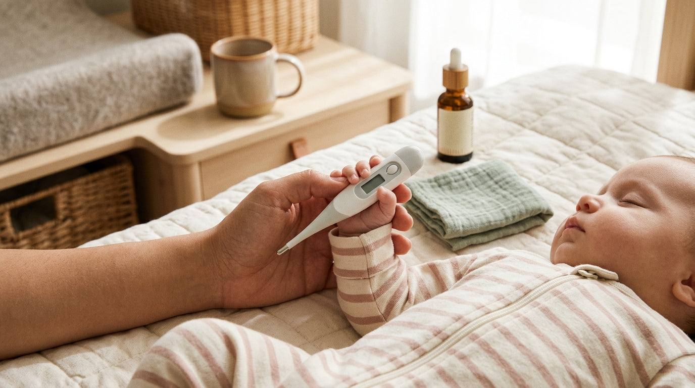 Tired mom holding a baby medicine syringe and a bottle of infant acetaminophen.