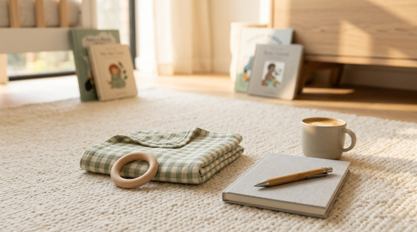 A terrified dad clutching a coffee mug while watching a toddler attempt to climb a bookshelf.