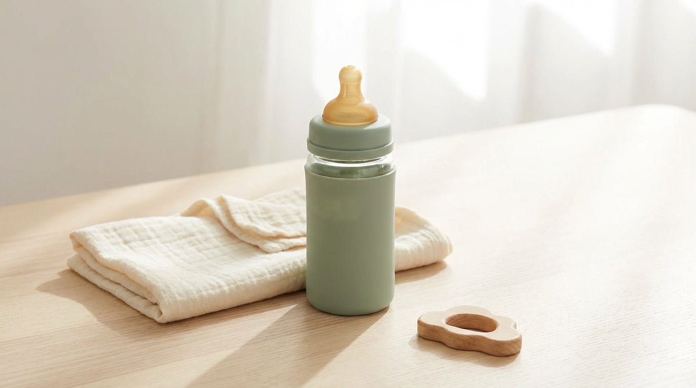 Baby bottle drying rack next to a folded organic cotton blanket on a kitchen counter