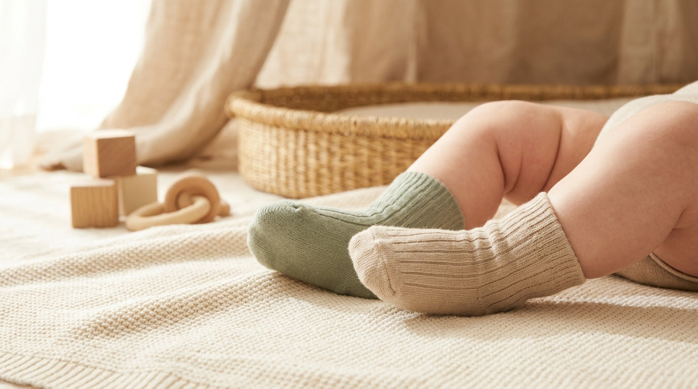 A confused dad holding one tiny blue baby sock while his 11-month-old son crawls away barefoot.