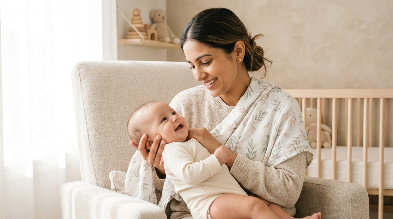 Baby lying on a playmat during tummy time looking at a toy