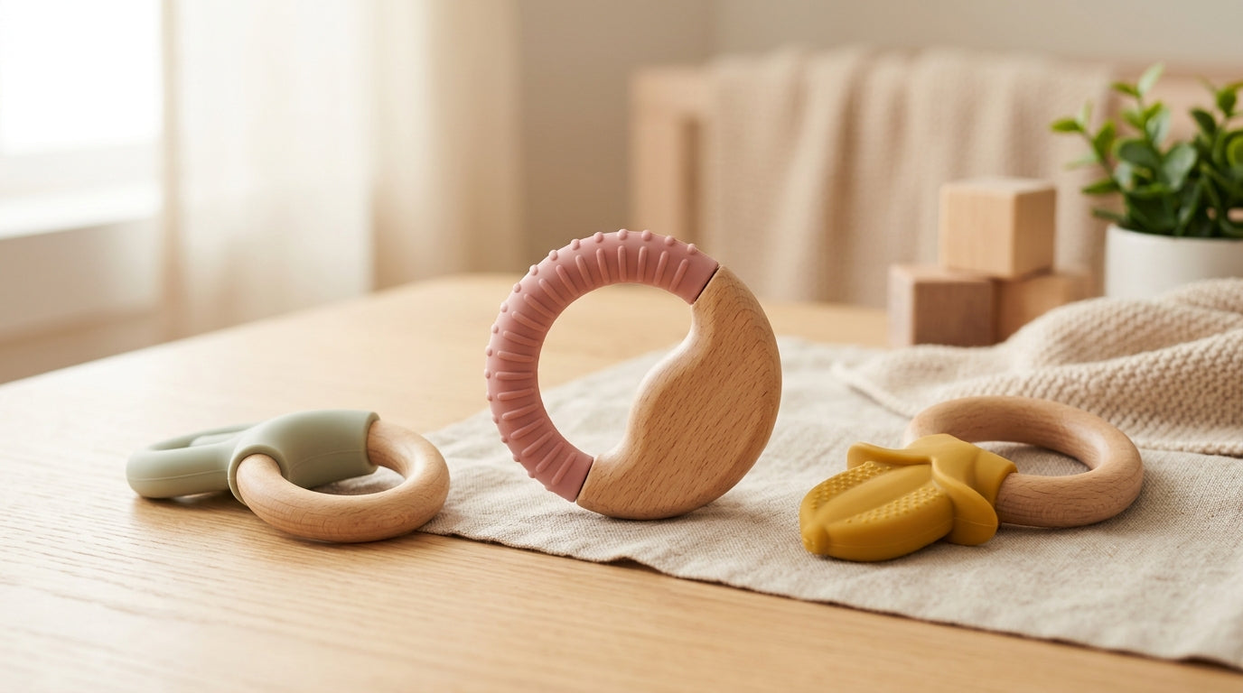A stressed dad watching his baby chew on a celery stick in a high chair.