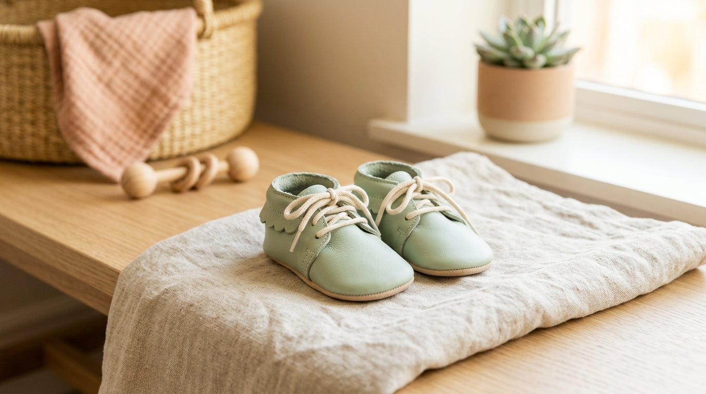 A pile of brand new infant sneakers and soft booties dumped out of a storage bin onto a nursery rug.