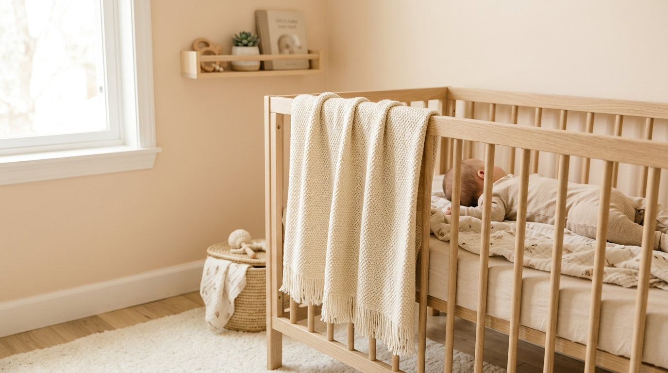 Pediatric nurse evaluating the safety of a heavy fur blanket in a crib