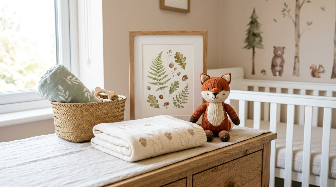 Messy nursery chair with a soft organic cotton fox print baby blanket