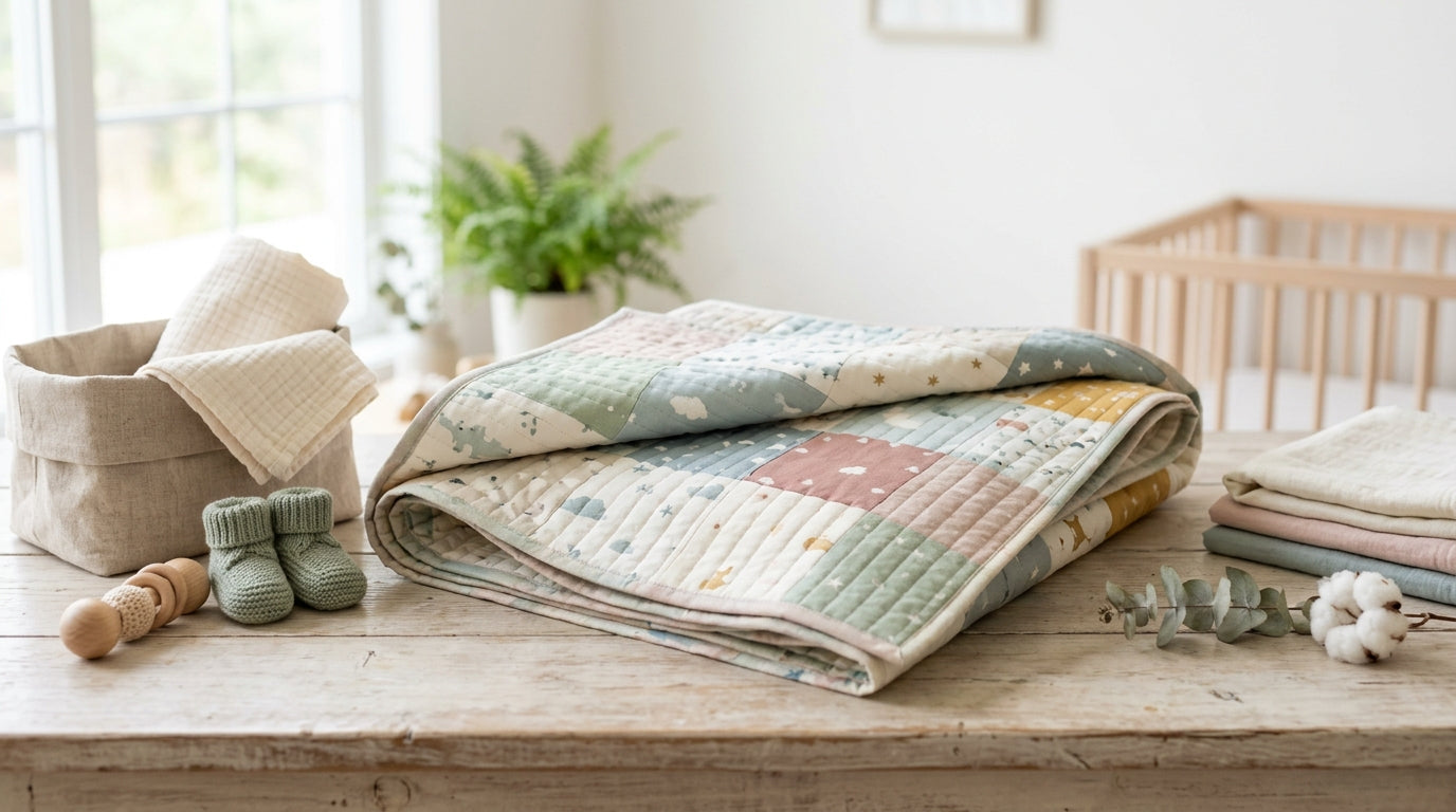 A messy pile of organic cotton fabric squares next to a sewing machine and a sleeping baby.