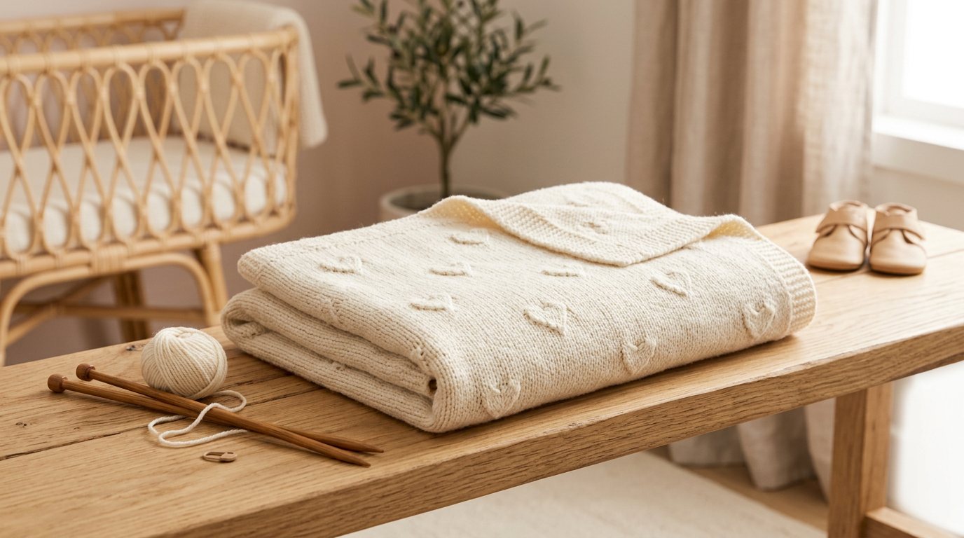 Jess knitting a heart baby blanket with organic cotton yarn on a Texas porch.