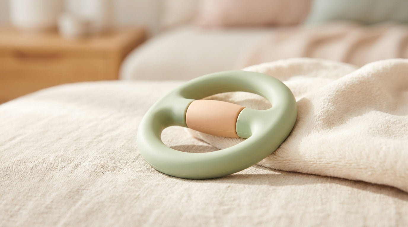 Tired mother holding a silicone teether and looking stressed