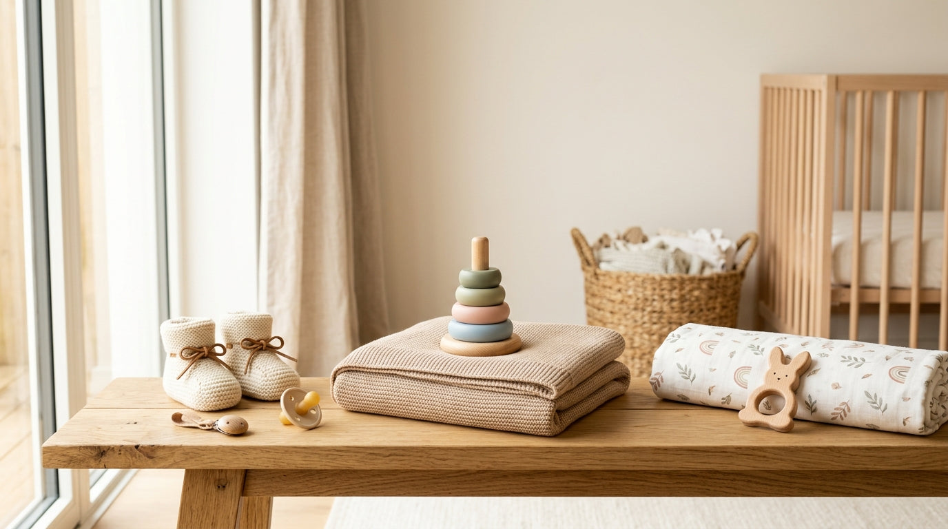 Marcus holding an organic cotton onesie in a minimalist Swiss baby store.