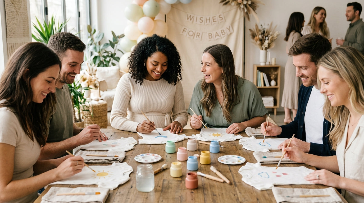 A group of millennial women laughing around a coffee table at a modern baby shower.