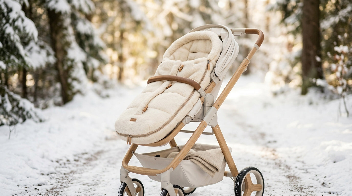 A frustrated dad looking at a complicated winter stroller footmuff setup.