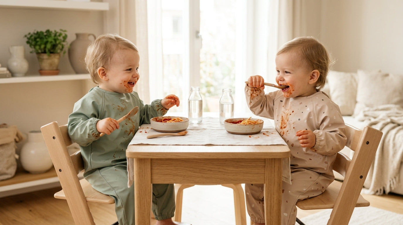 Two toddlers covered in pasta sauce wearing full-body smock bibs