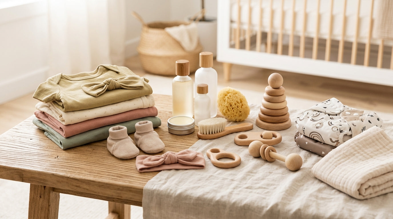 A toddler with a front tooth gap wearing organic clothes while holding a silicone teether.