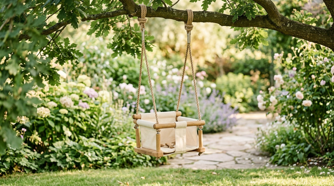 A slightly terrified London dad pushing twin toddlers in a bucket swing over a damp lawn