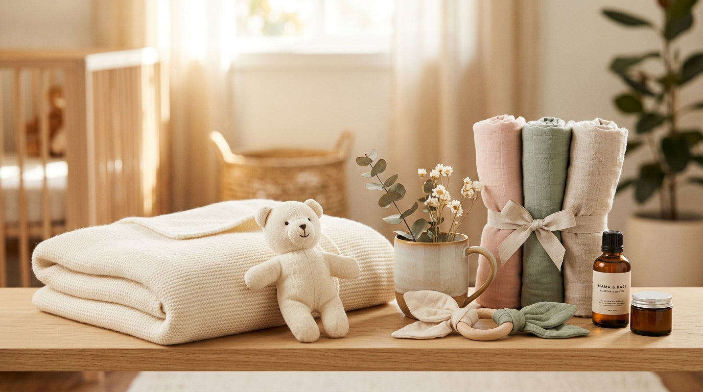 Exhausted mom holding a coffee while her baby sleeps on her chest on the couch