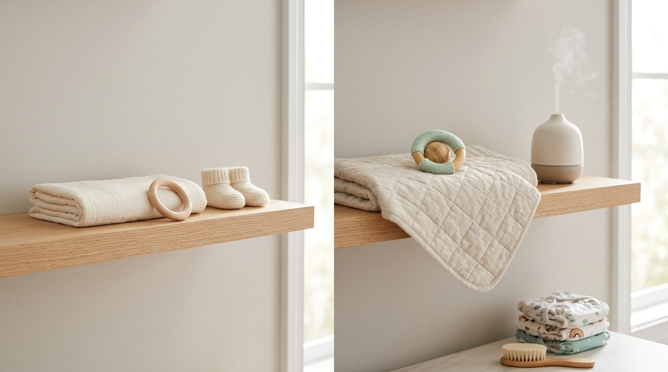 Tired mother organizing a minimalist baby station basket on a living room coffee table