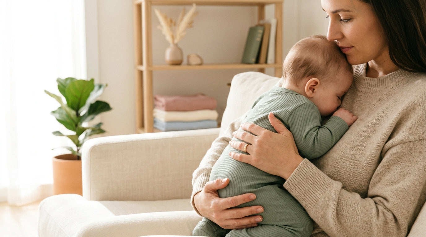 Sarah sitting on a dark couch holding her toddler Leo in a green organic bodysuit while looking anxiously at her glowing smar
