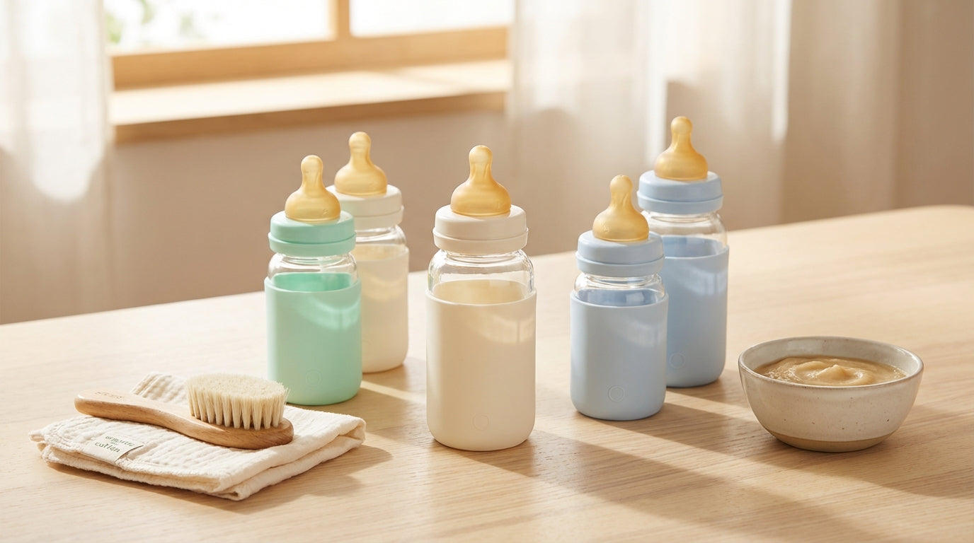 A dad holding a glass baby bottle next to a laptop displaying search results