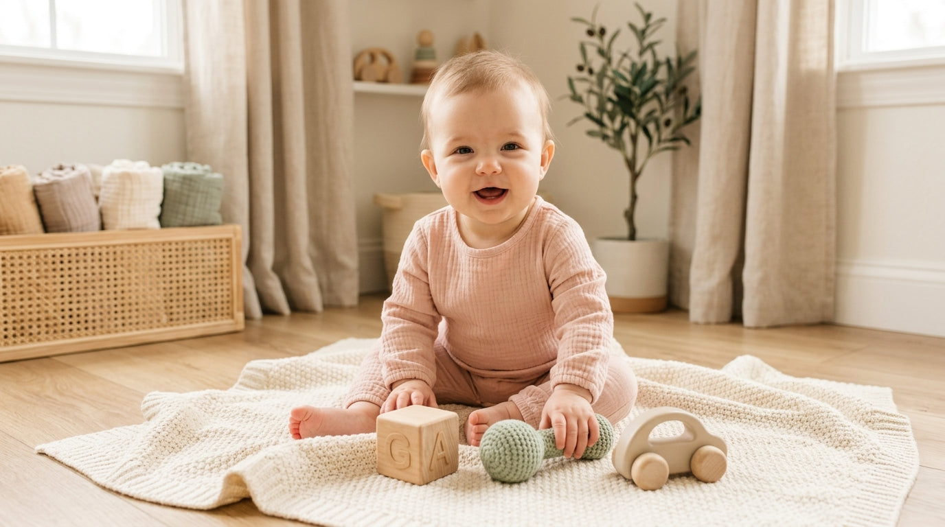 A mom sitting on a living room rug laughing while her baby babbles at a wooden toy.