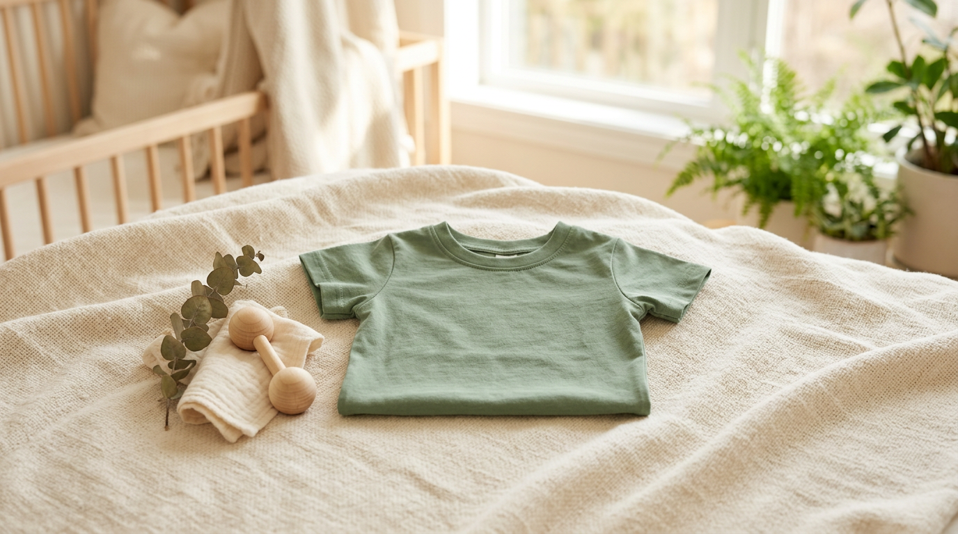 A folded organic green baby tee resting on a nursery chair next to a silicone teething toy